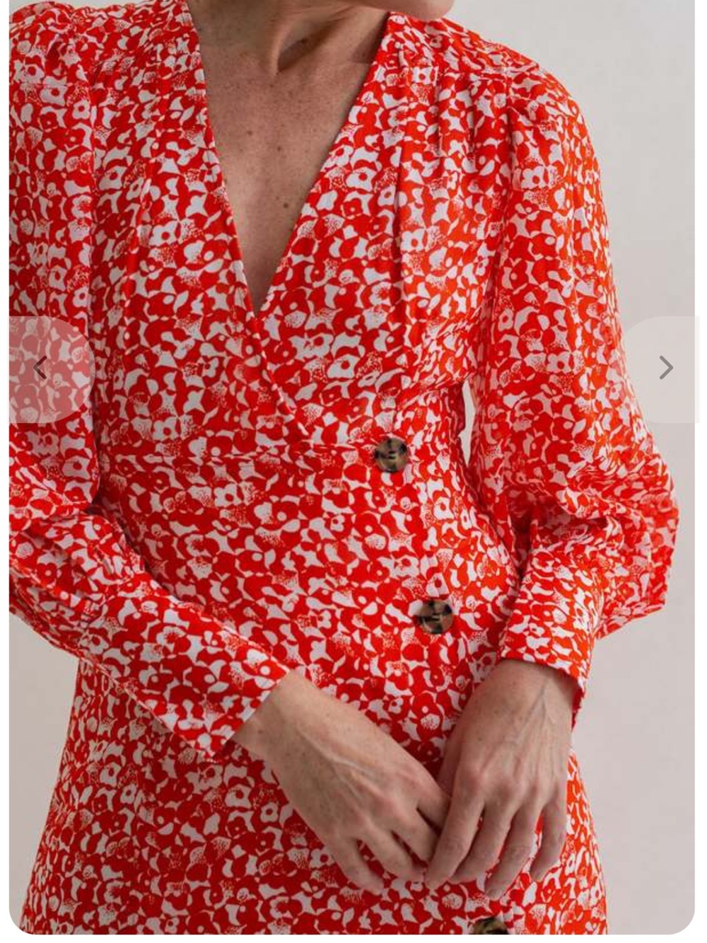 new Ganni Red White Floral Midi Dress Puff Sleeve Button Detail Size 40 - Picture 3 of 10